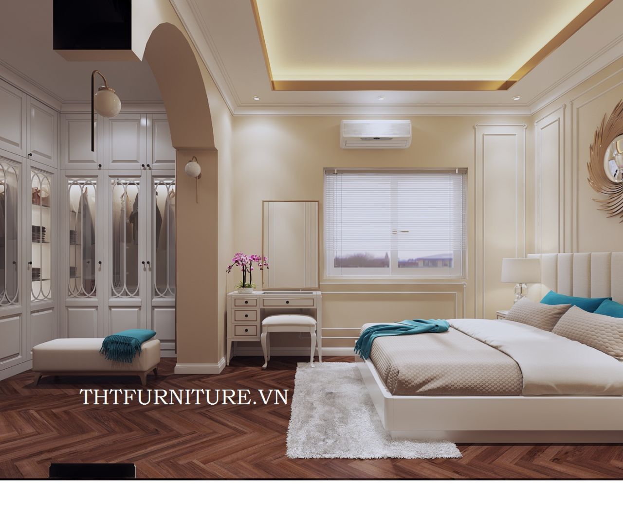 Thiết kế bộ phòng ngủ gỗ Sồi hiện đại sơn trắng