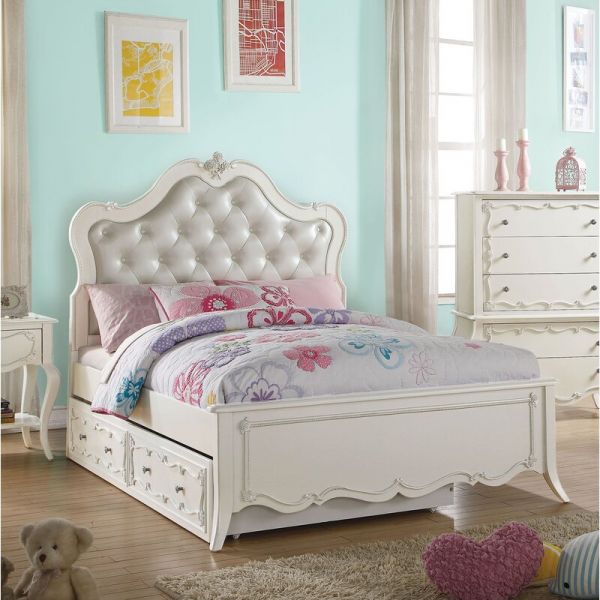 Giường gỗ phong cách Pháp sơn trắng có ngăn kéo