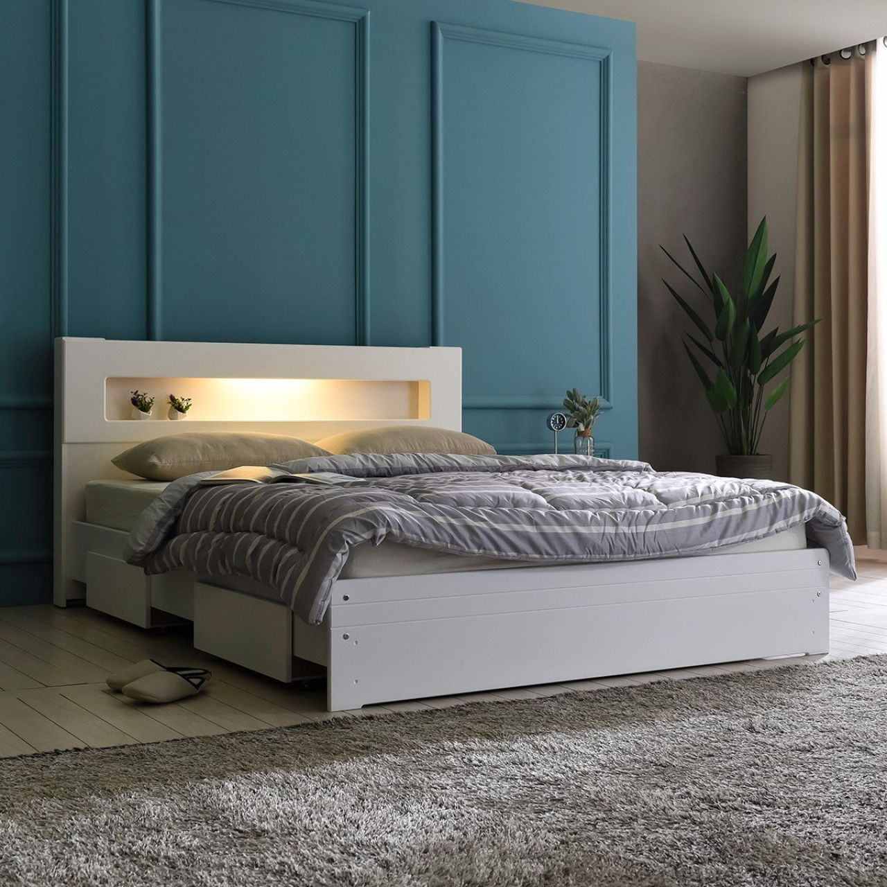 Giường ngủ có kệ trang trí tối giản dành cho căn hộ
