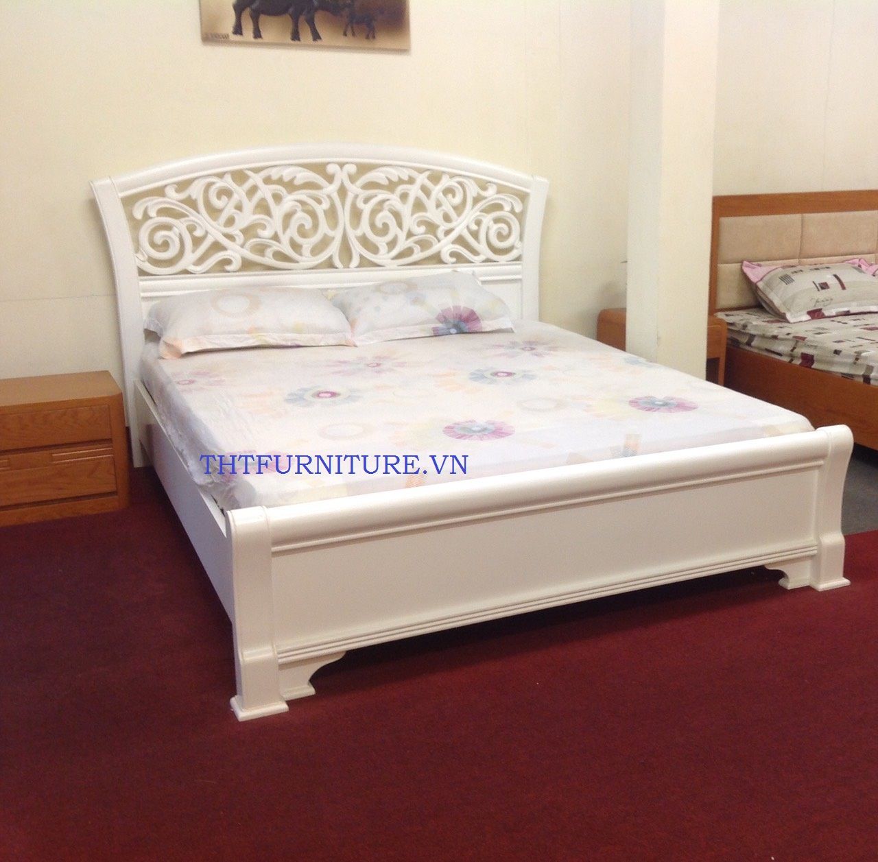 Giường gỗ Sồi phong cách cổ điển sơn trắng