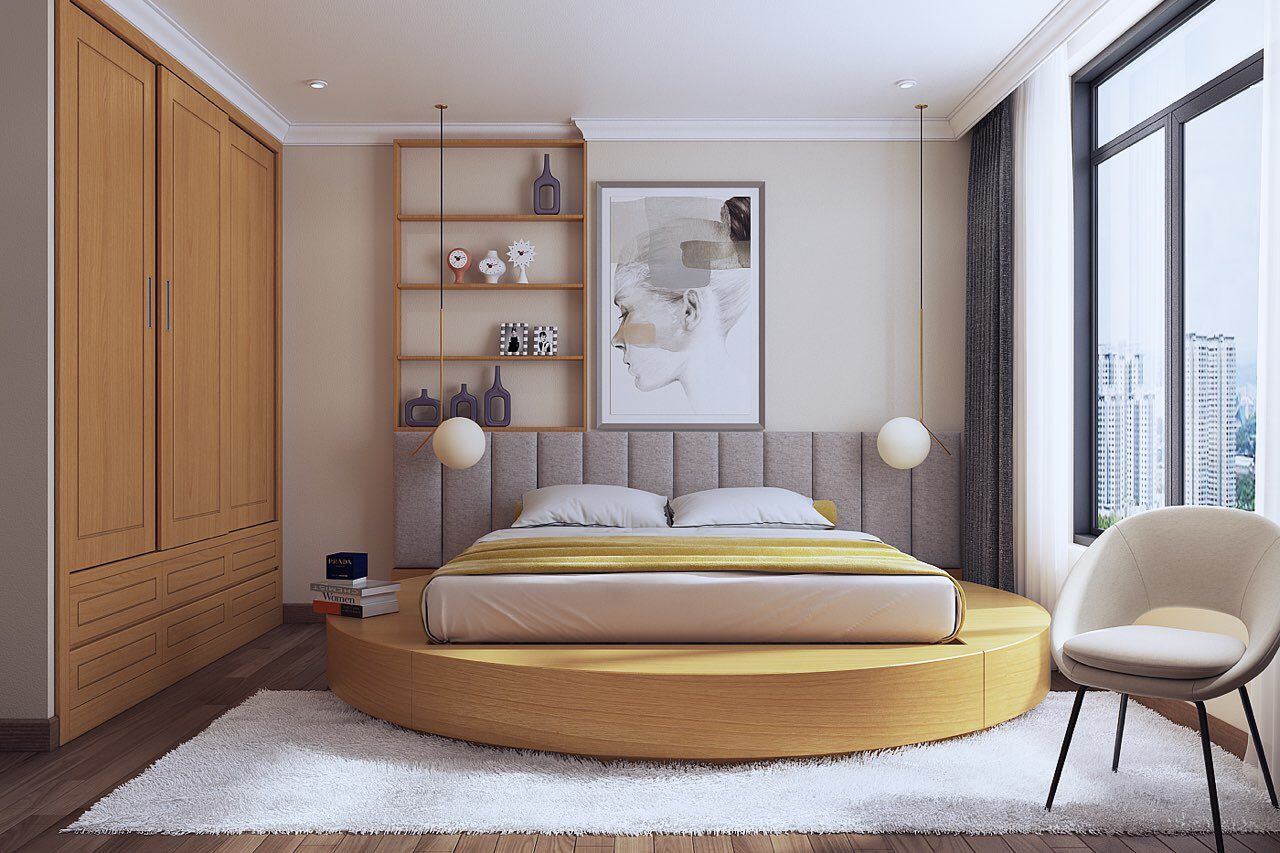 Giường Tròn gỗ Sồi đầu giường bọc nệm