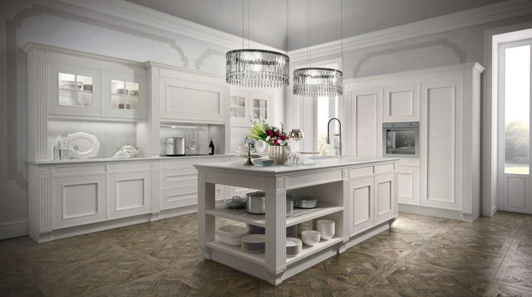 Tủ bếp gỗ sơn trắng đẳng cấp phong cách Italy bán cổ điển