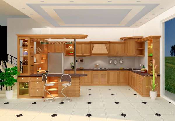 Tủ bếp kết hợp Quầy Bar gỗ Sồi phong cách hiện đại